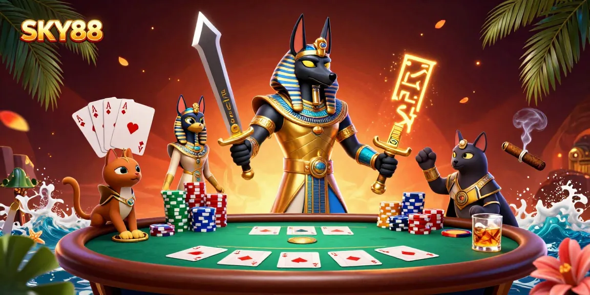 Experience thrilling poker action with SKY88, featuring Anubis and Bastet in a vibrant casino scene.