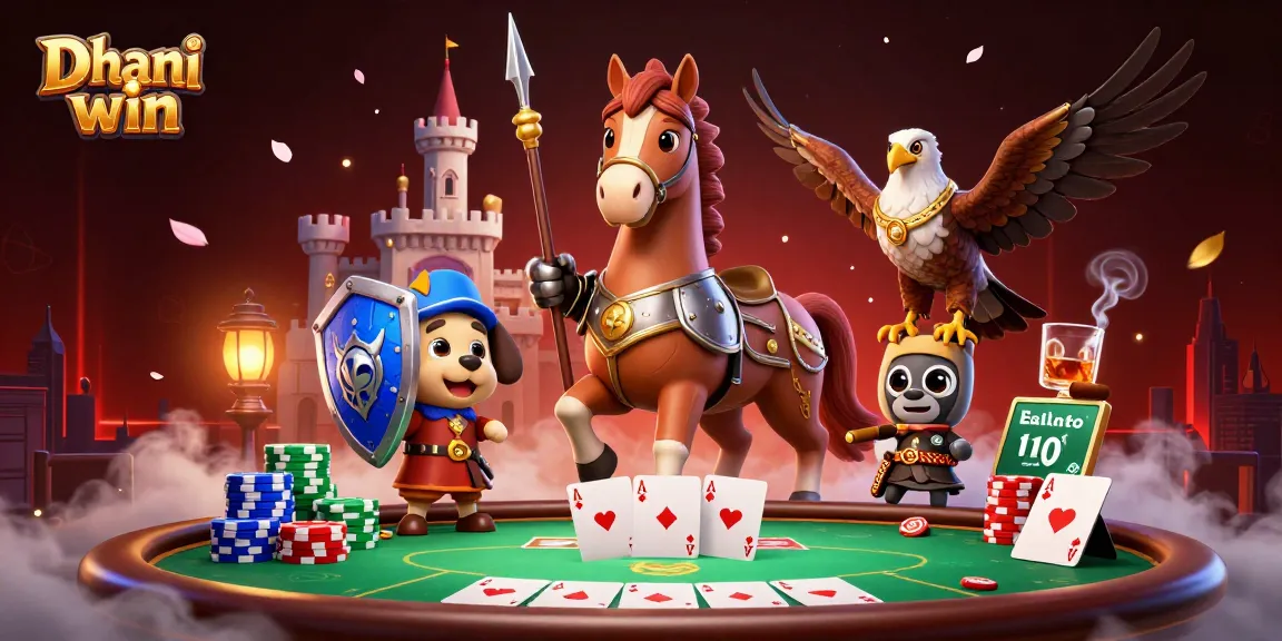 Dhani win introduces thrilling poker action with a knight, puppy, and falcon in a vivid casino scene.