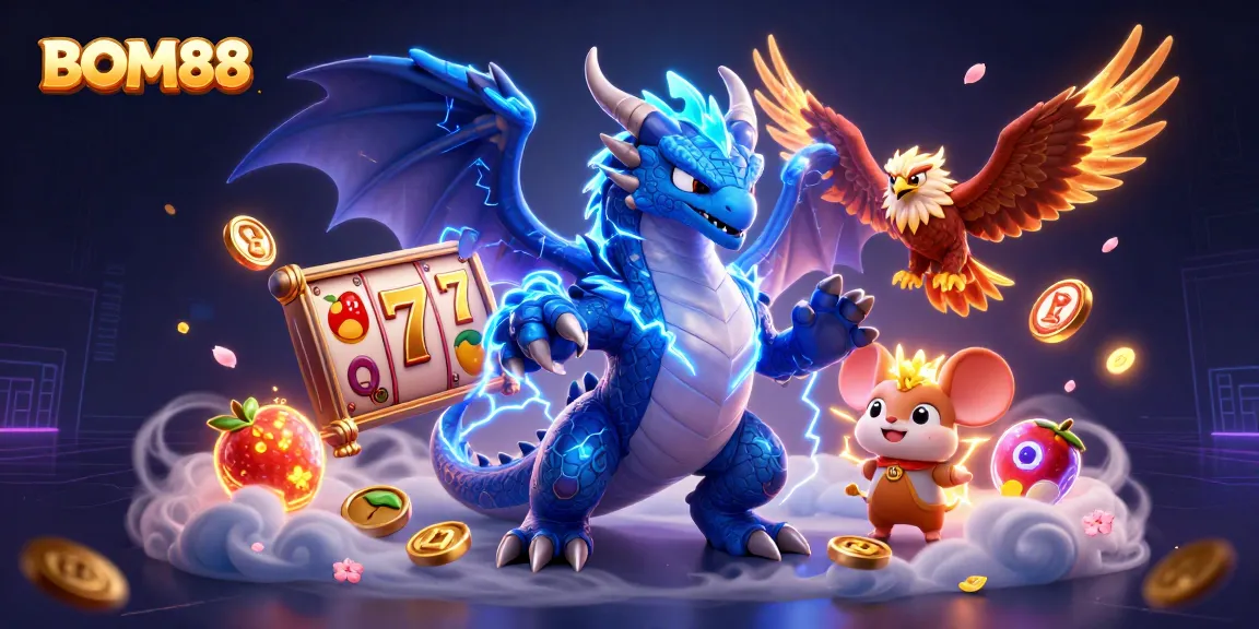 BOM88 enhances slot gaming excitement with dynamic electric dragon, hawk, and vibrant symbols.