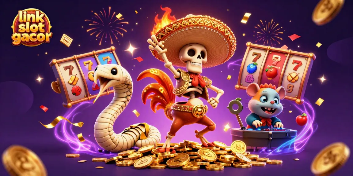 Engage in gaming excitement with link slot gacor featuring lively characters amid slot reels and vibrant decorations.