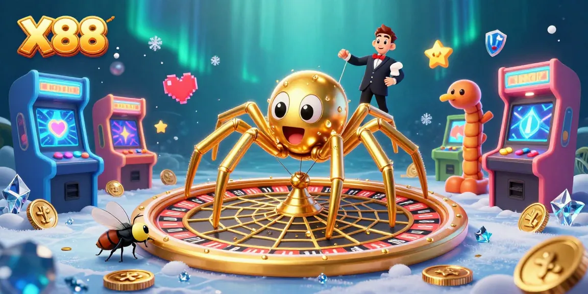 X88 offers thrilling gaming experience with cartoon spider, roulette wheel, and vibrant arcade machines.