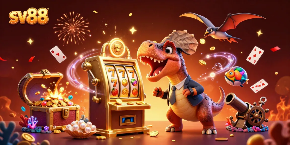 sv88 features a dinosaur-style slot scene with jackpot coins and vibrant casino elements