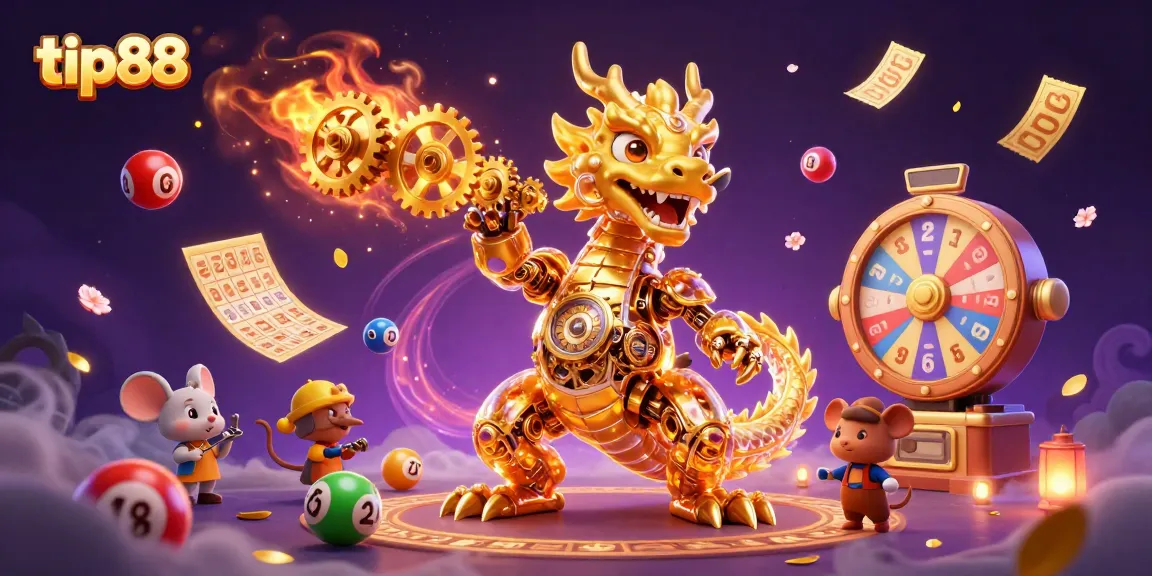 Engage with tip88 through vibrant lottery elements and a fierce dragon in a magical gaming scene.
