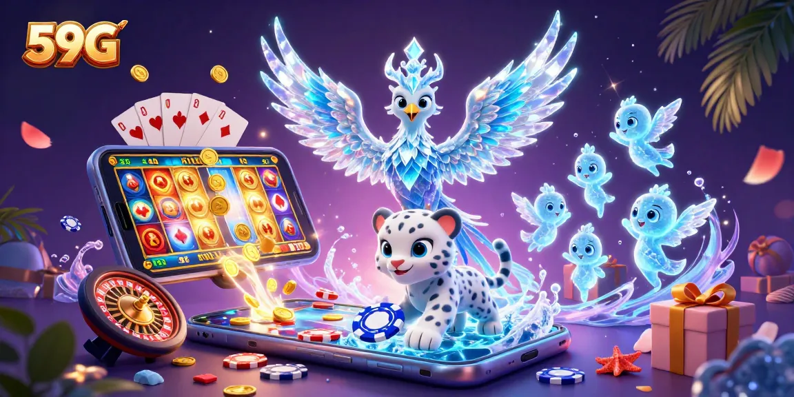 Experience excitement at 59G with a vibrant casino scene filled with magical 3D elements.