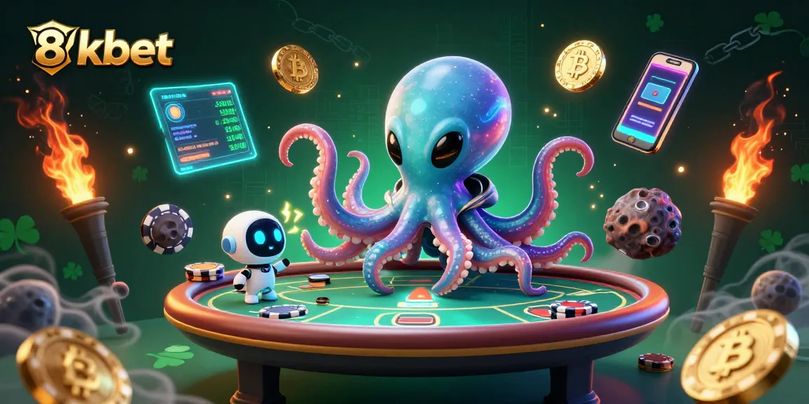 Engage in thrilling poker action with 8xbet's alien octopus and robot companions in a vibrant 3D scene.