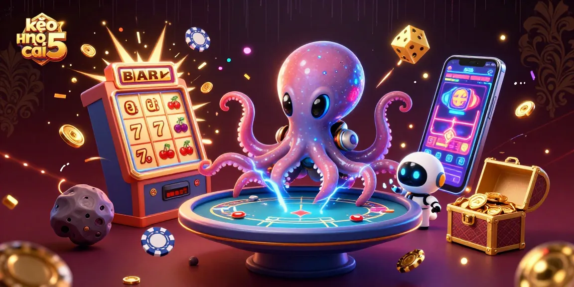 Engage with kèo nhà cái 5 as a vibrant alien octopus plays poker at a holographic table.