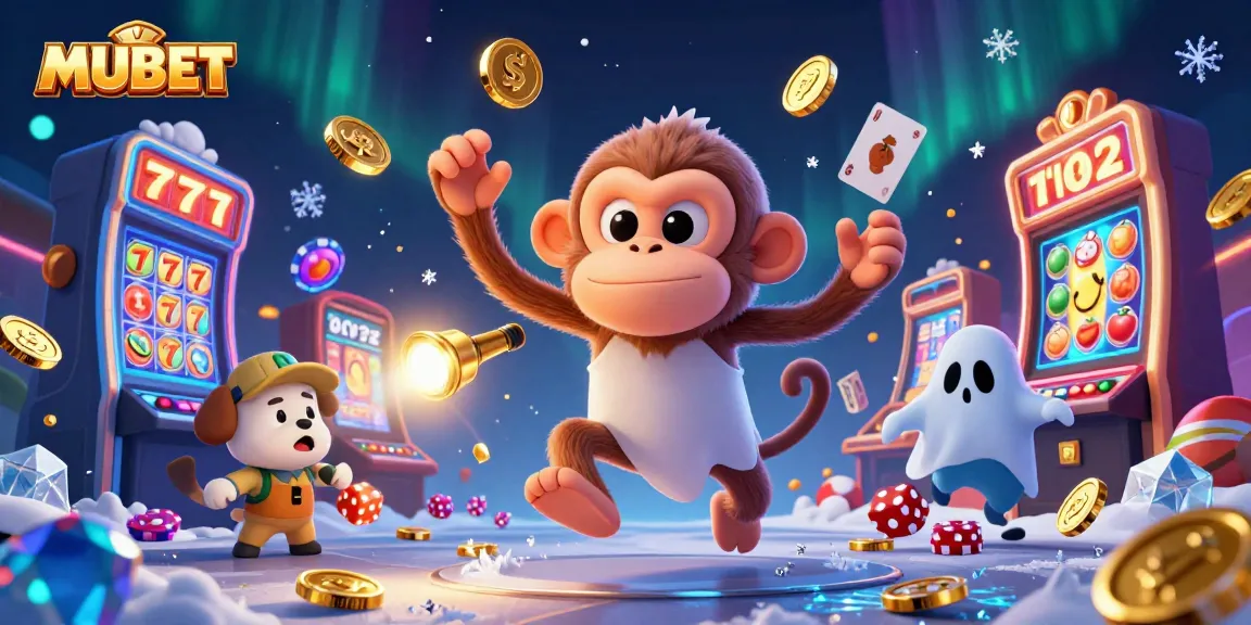 MUBET showcases a lighthearted scene of a monkey juggling golden casino elements, while a puppy curiously investigates.