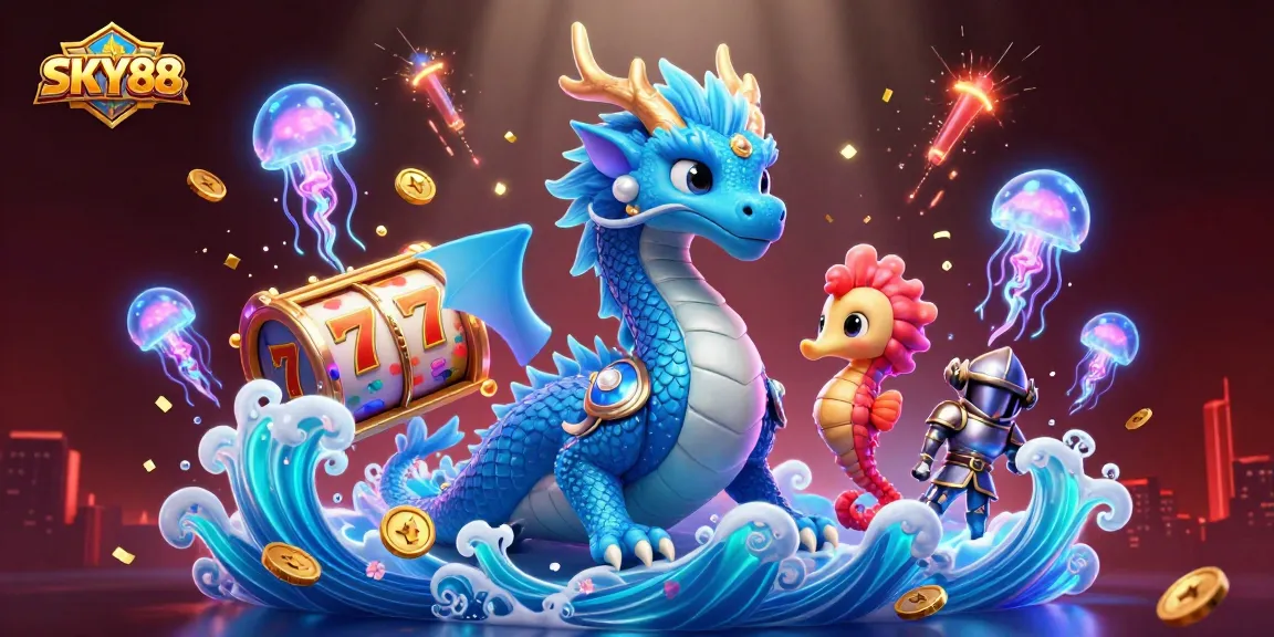 Engage in thrilling gameplay at SKY88 with vibrant slot reels and a fantastical ocean theme.