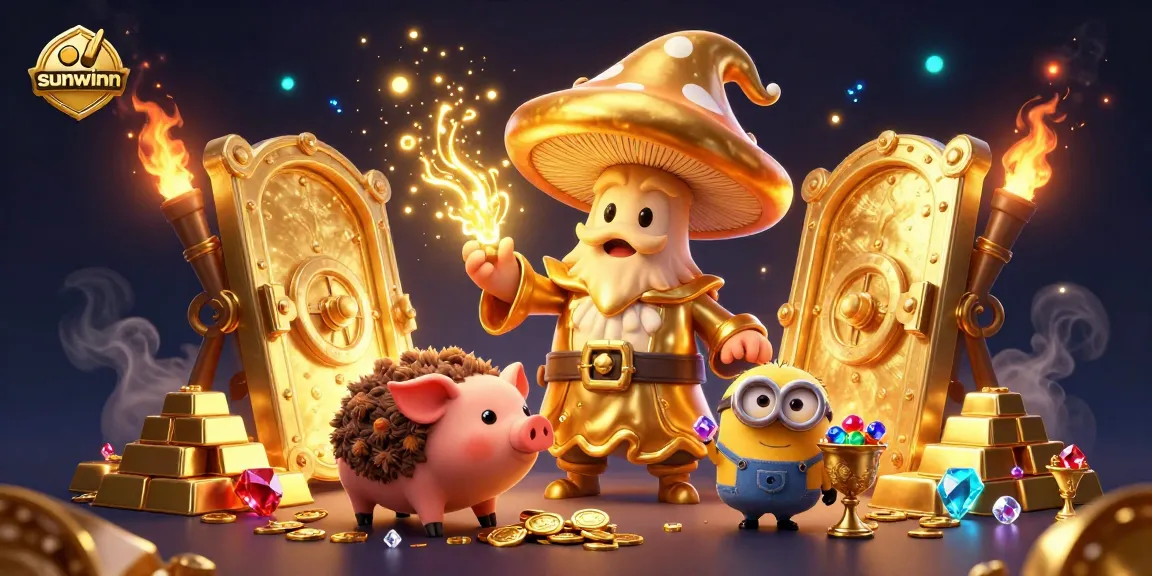Engage with sunwinn's vibrant casino world, featuring magical treasures and a whimsical wizard.