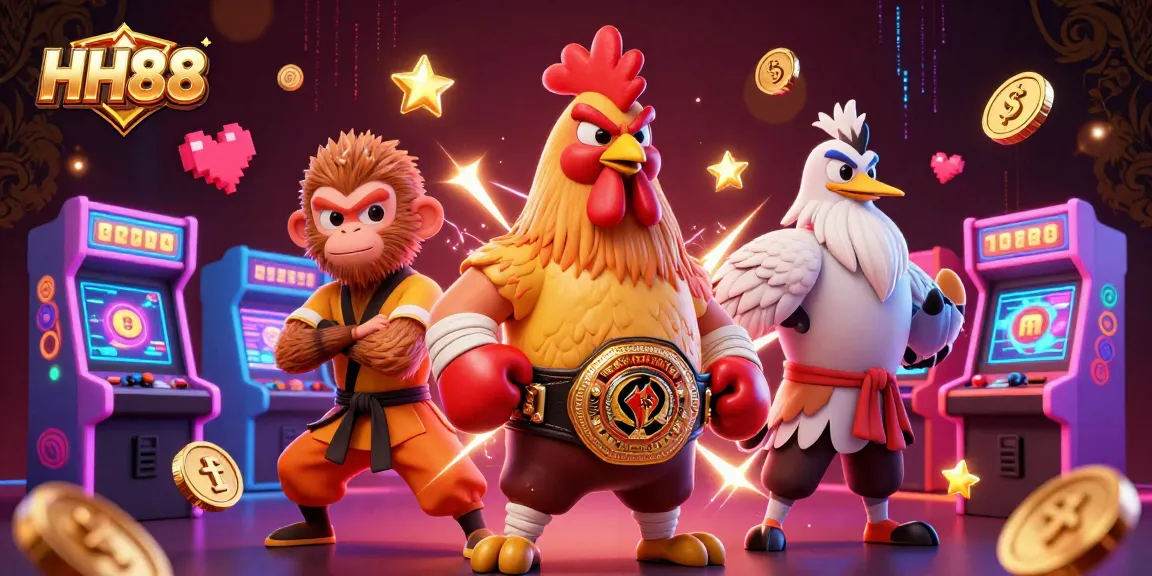 Immerse in HH88 as a Muay Thai rooster, a Shaolin monkey, and a crane master engage in a lively casino scene.