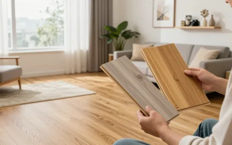 UK flooring advice comparison of laminate and engineered wood samples in a modern living room setting.