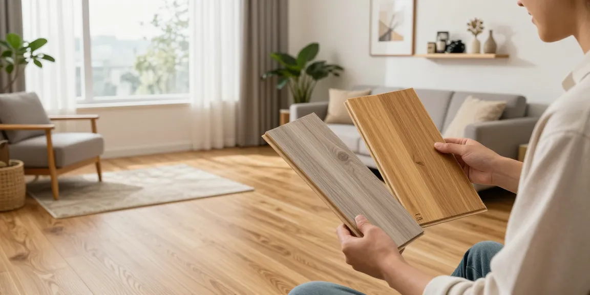 UK flooring advice comparison of laminate and engineered wood samples in a modern living room setting.