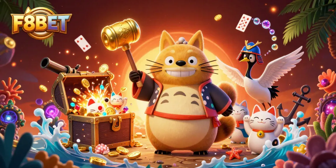 F8BET elevates your experience with thrilling gaming, showcasing colorful characters and dynamic casino elements.