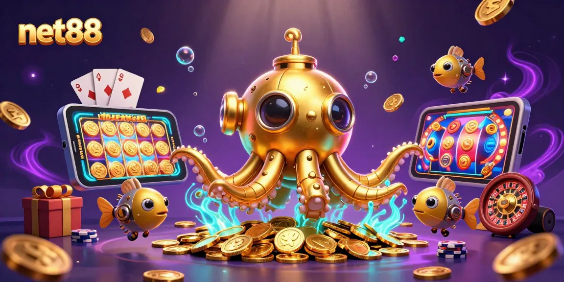 net88 explore thrilling slot games with a 3D golden kraken submarine amidst swirling coins
