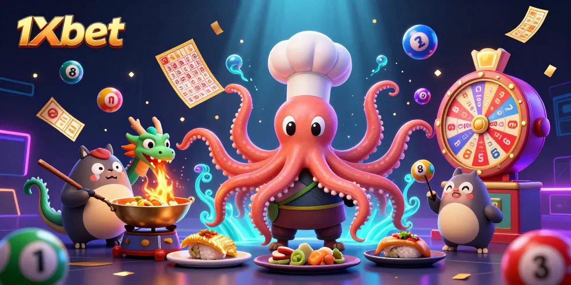 Engage in thrilling gaming action with 1xbet's vibrant casino scene featuring an octopus chef and a dragon.