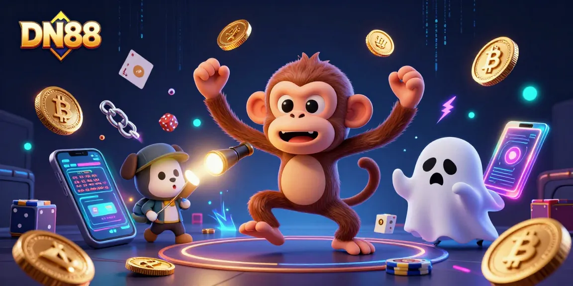 Experience the excitement of DN88 as a mischievous monkey juggles casino treasures in a dynamic gaming scene.
