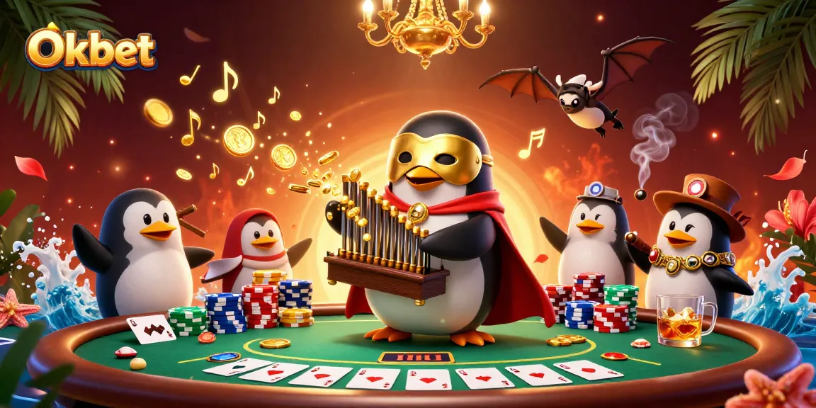 Oxbet showcases exciting casino gameplay with a penguin playing an organ, golden coins flowing everywhere.