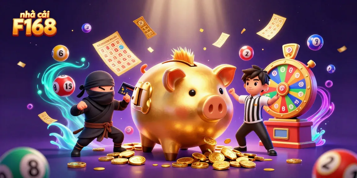 Engage in thrilling gameplay at nhà cái F168 with an electrifying 3D casino scene featuring a golden piggy bank sumo wrestler.