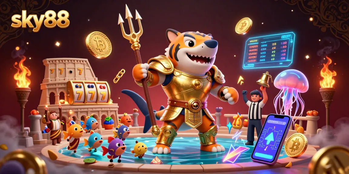 Bet on exciting slot games at sky88 with a 3D tiger shark in gladiator armor celebrating a jackpot win.