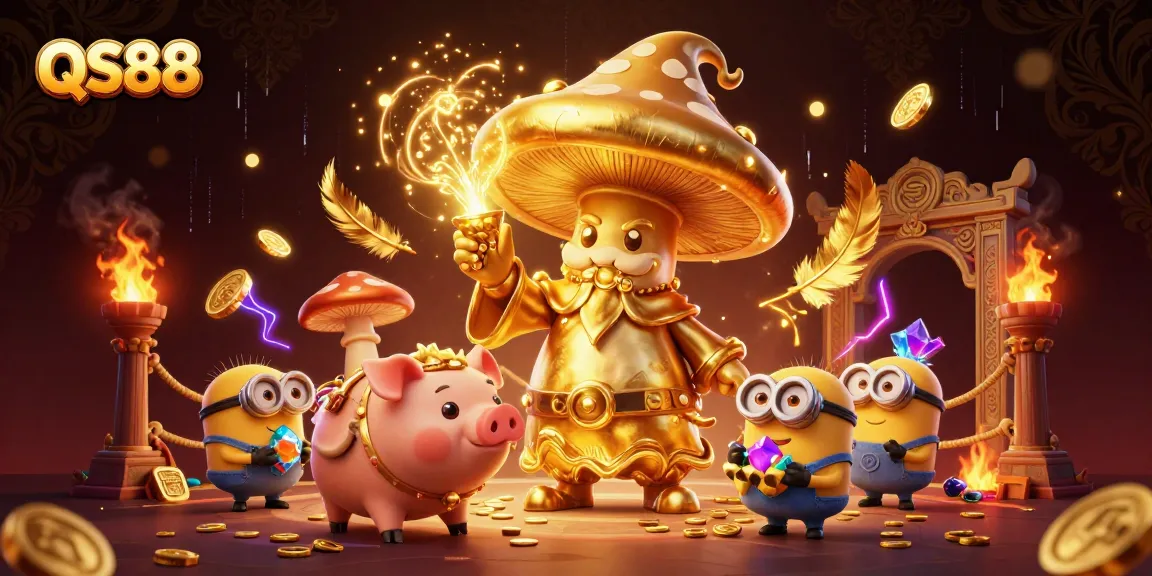 Spin to win at QS88 with the golden mushroom wizard casting magical spells in a vibrant casino