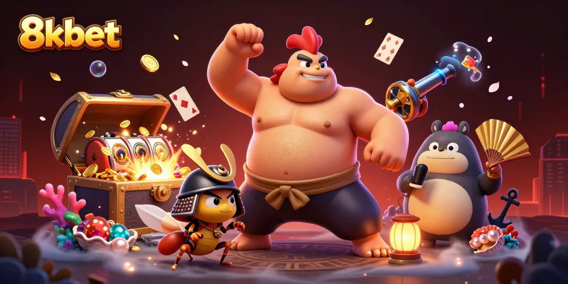 Experience thrilling action at 8xbet, where a sumo wrestler and samurai cricket join forces for a vibrant casino adventure.