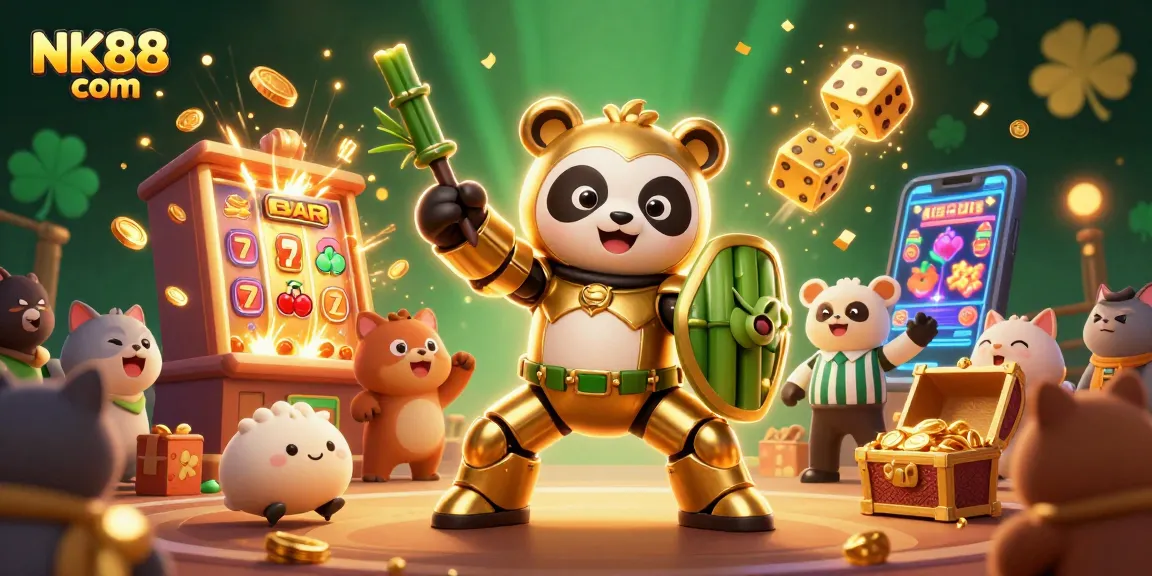 Experience thrilling moments at NK88 com with a golden panda piloting a dynamic robot amidst a jackpot celebration.