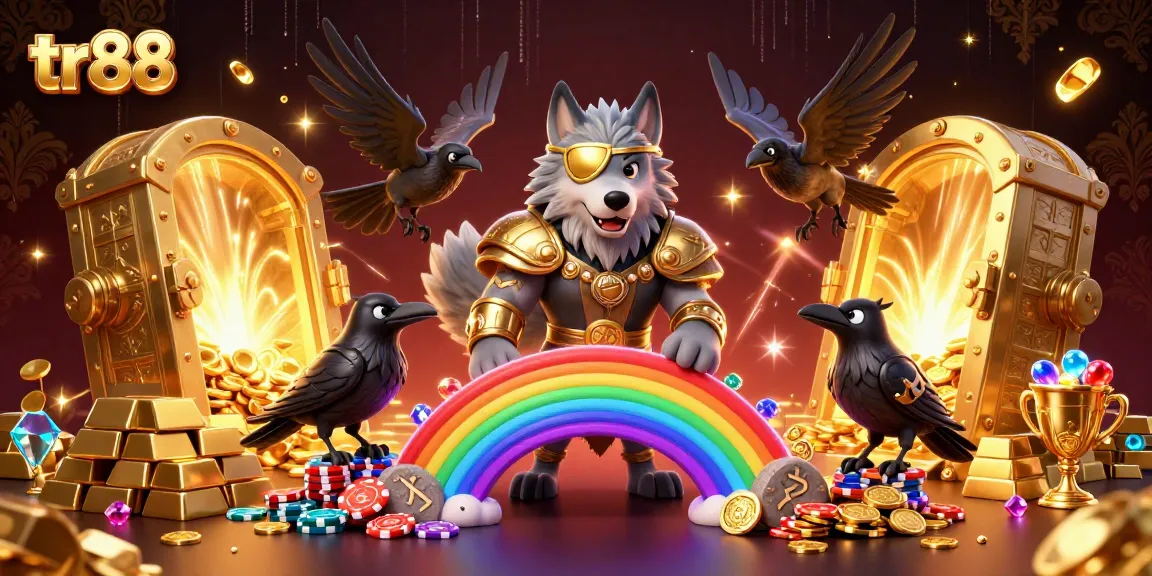 Experience thrilling gameplay at tr88 with Odin and ravens in a casino-themed illustration.