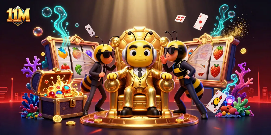 Engage in 11M's immersive online casino world filled with vibrant slot reels and treasure.