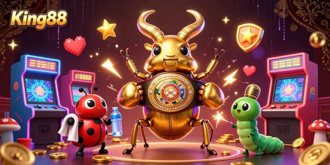 Experience thrilling gaming action with King88's vibrant 3D casino scene featuring colorful characters and games.