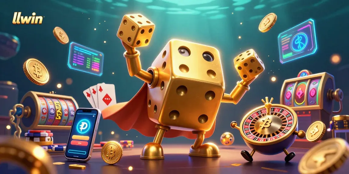 Experience the thrill of llwin with a dynamic casino scene featuring animated golden dice, poker elements, and crypto motifs.