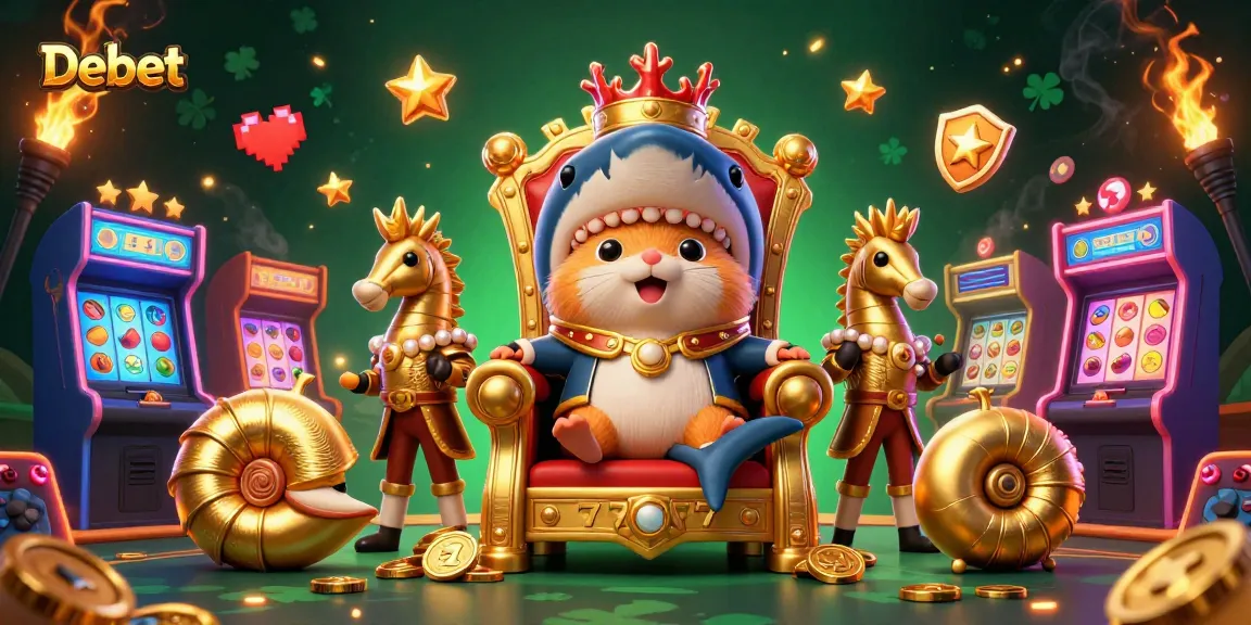 Debet casino scene featuring a golden hamster king, vibrant slot symbols, and seahorse guards.
