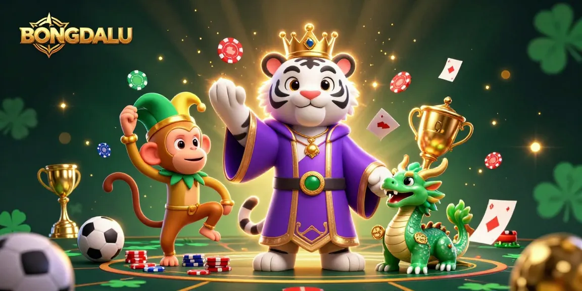 BONGDALU showcases a lively scene of a white tiger, monkey, and dragon engaging in vibrant sports betting activities.