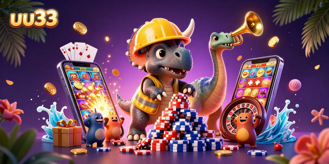 Experience exciting casino action with uu33 as cheerful dinosaurs celebrate a poker chip tower.