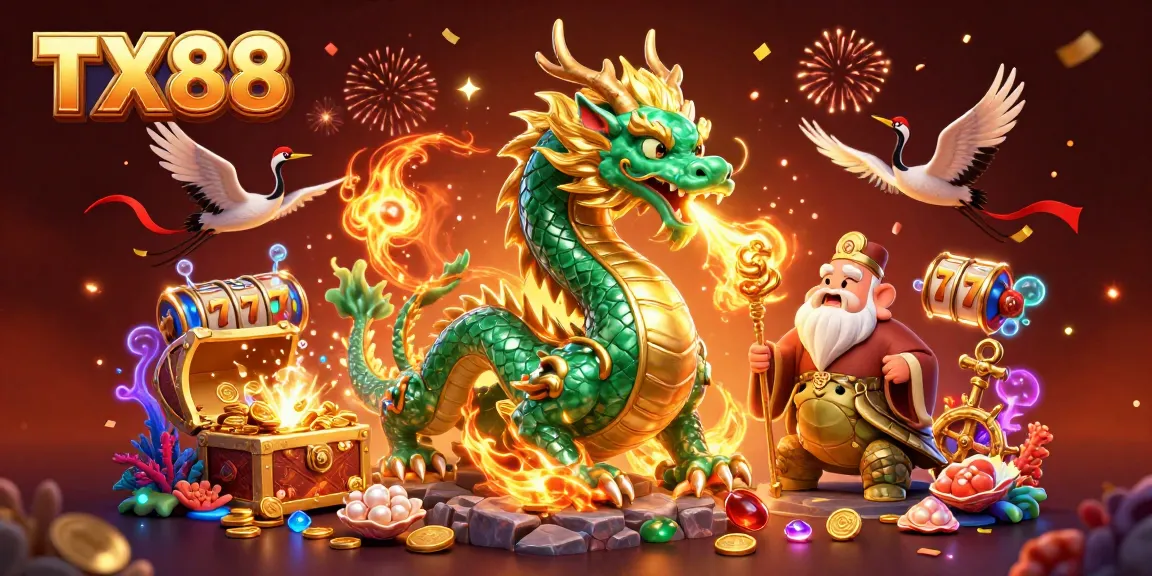 Engage with TX88's captivating gaming universe featuring a jade dragon, treasures, and slot elements.
