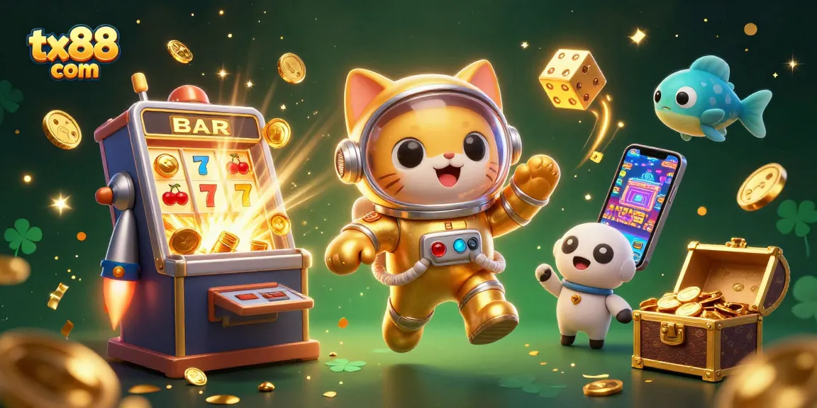 Experience thrilling gameplay at tx88 com with a vibrant casino scene featuring floating slot machines, golden coins, and dynamic characters.