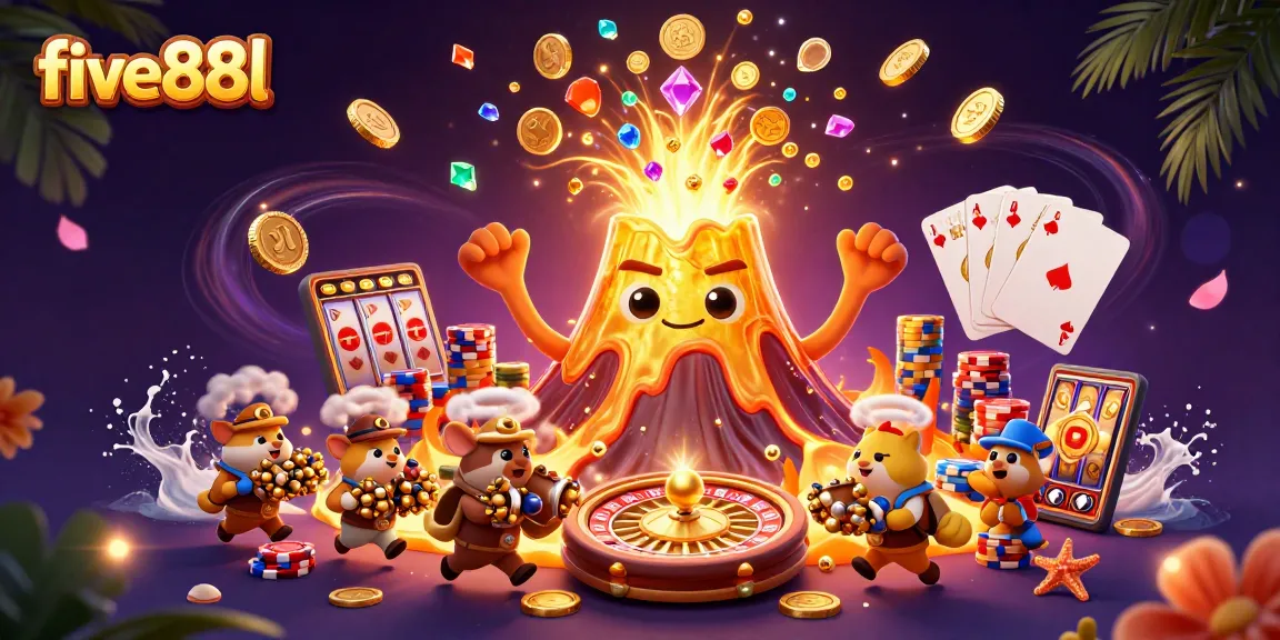 Experience the thrill at five88l with a vibrant 3D illustration of a golden volcano erupting treasures amidst a dynamic casino scene.