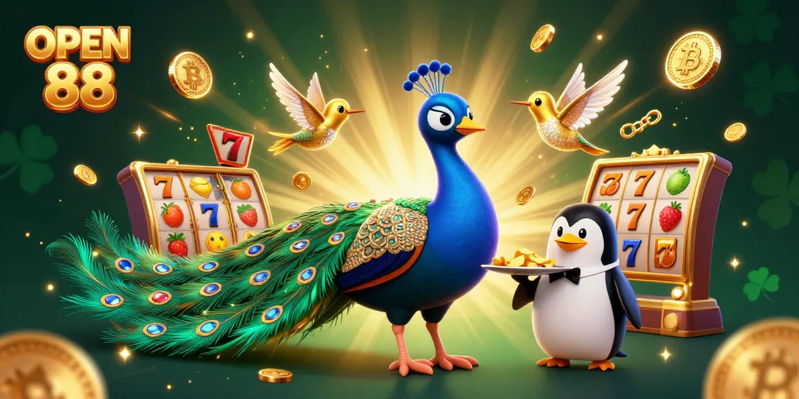 Engage with OPEN 88's vibrant casino scene featuring a peacock, a penguin butler, and a hummingbird.