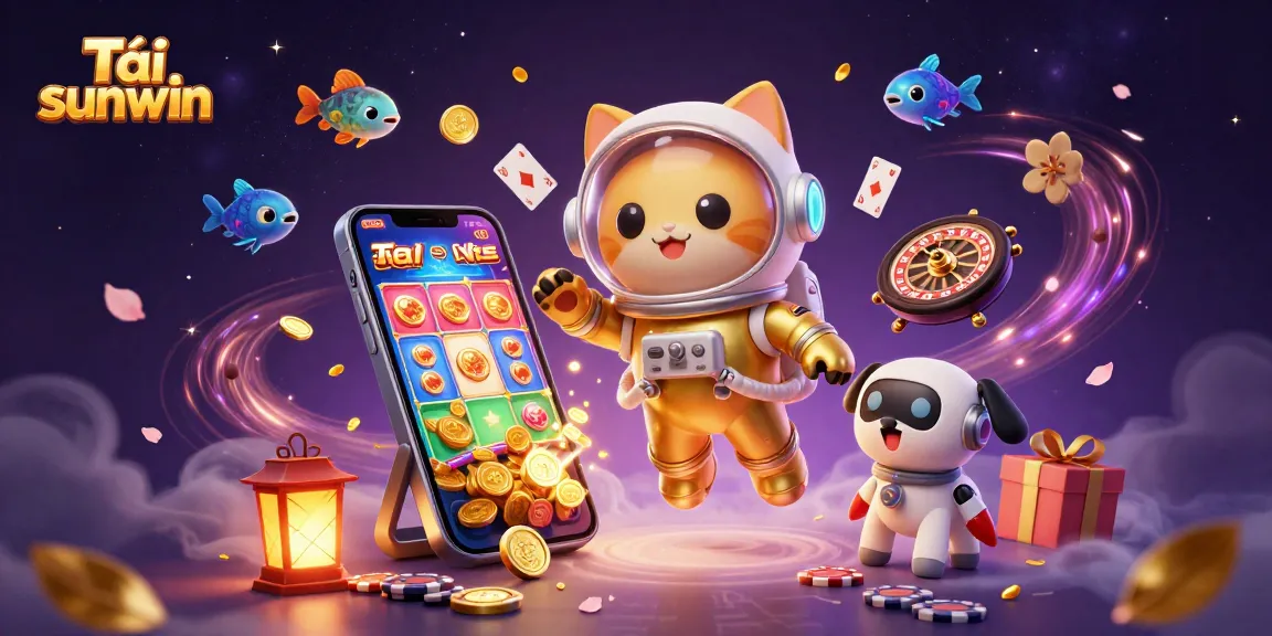 Engage with Tải sunwin in an ultra-detailed 3D action scene featuring a space cat and casino elements.