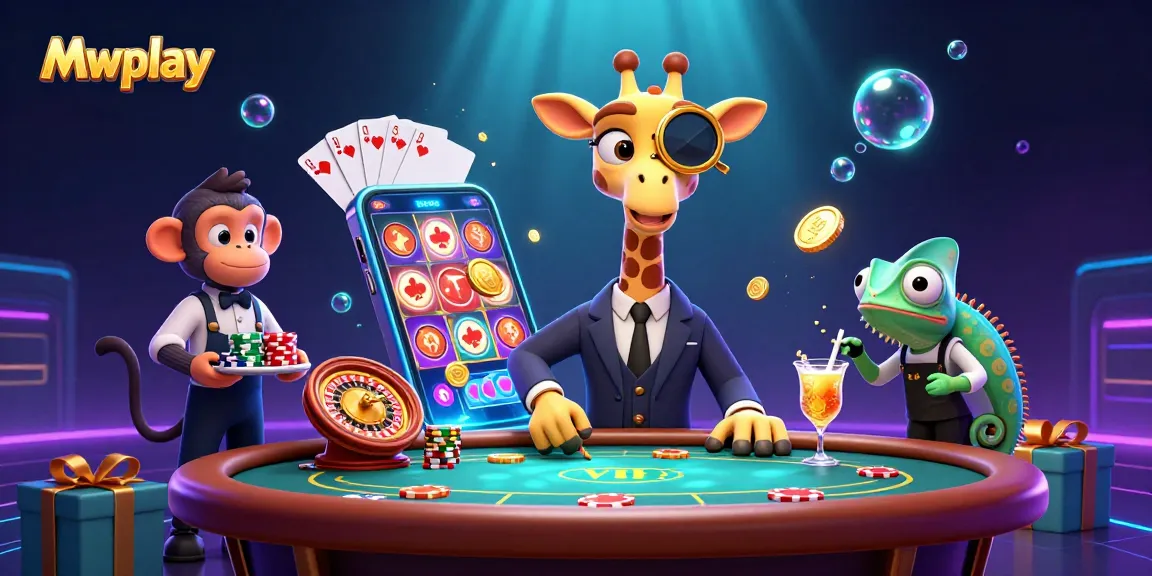 Mwplay's vibrant illustration showcasing a high-roller giraffe, monkey valet, and chameleon bartender at a dynamic VIP casino scene