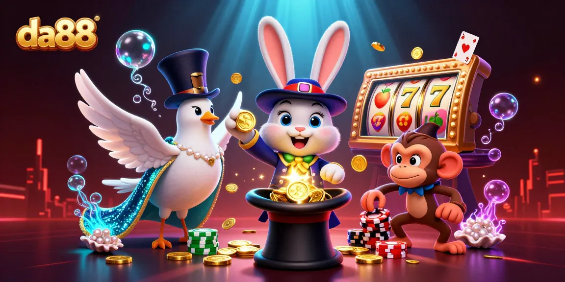 Experience winning moments with da88 in this vibrant 3D casino scene featuring magical characters and slot machines.