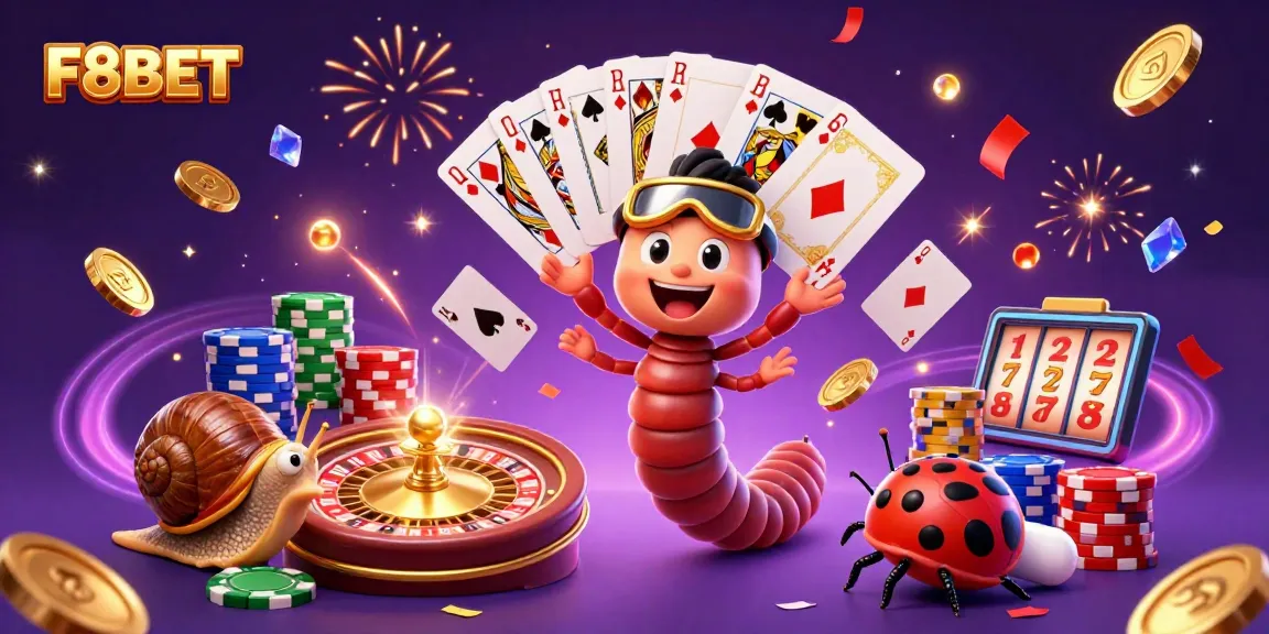 F8BET offers thrilling gaming experiences with a cartoon millipede dealer, exciting games, and vibrant atmosphere.