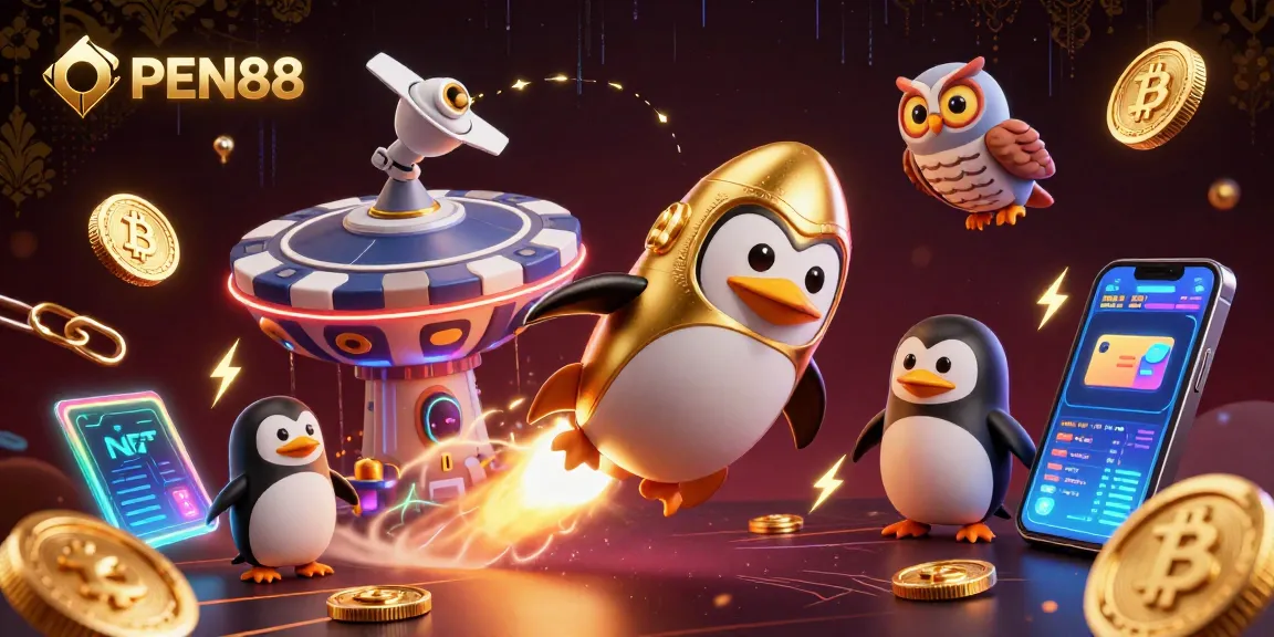 Join the adventure with OPEN88 as the golden penguin rockets toward a casino in a vibrant space!