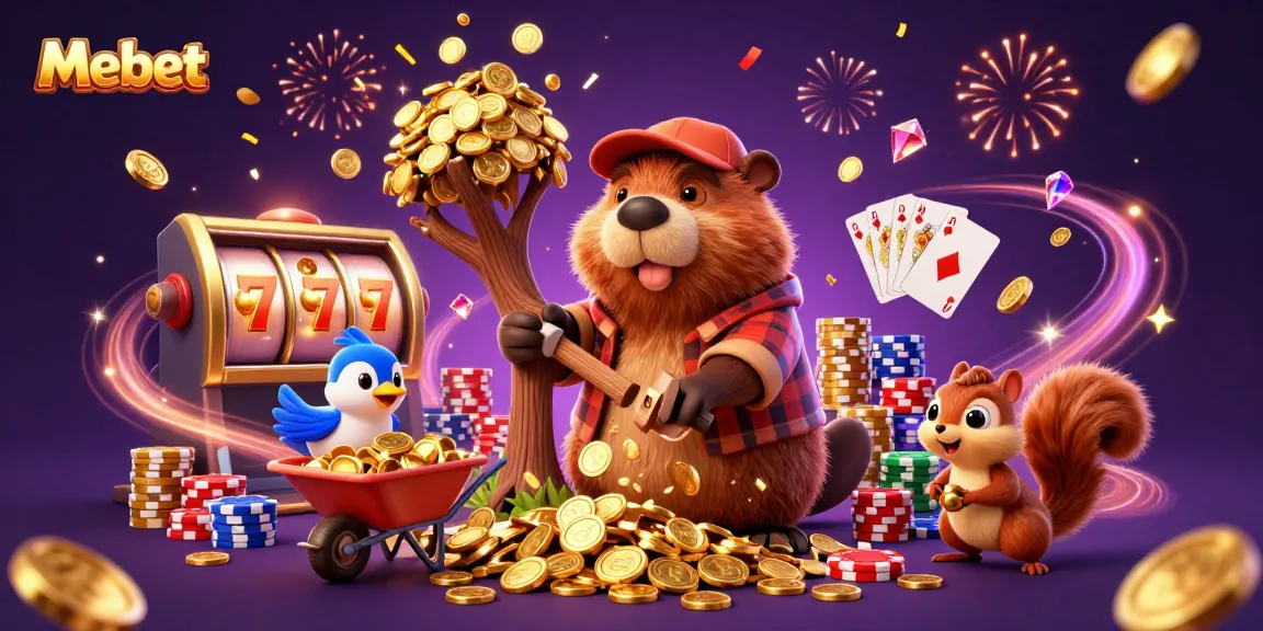 Mebet showcases a beaver and friends celebrating a jackpot in a vibrant casino scene.