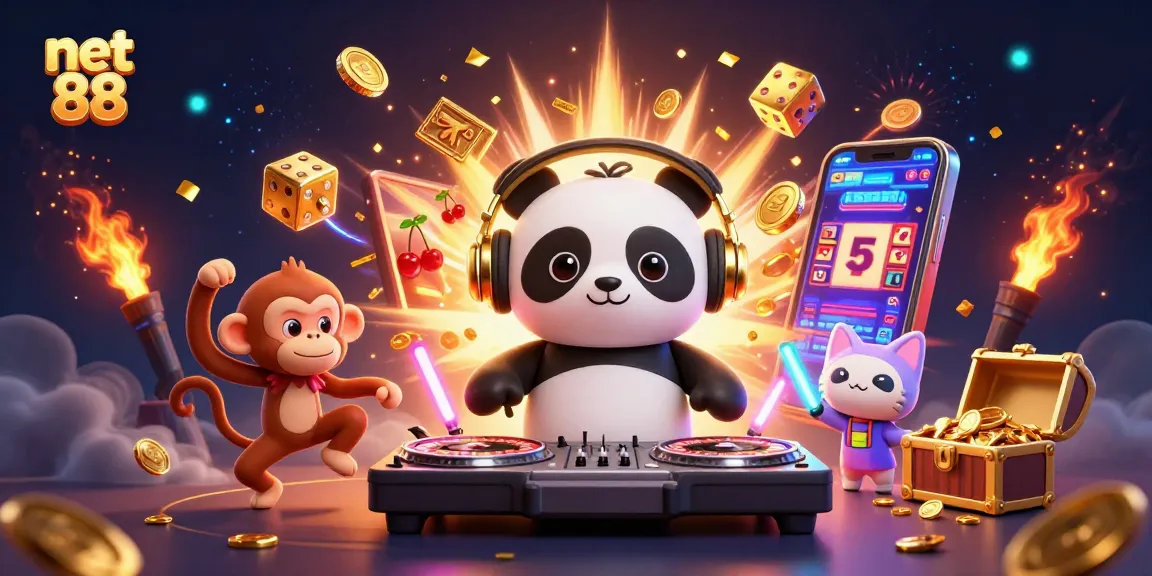 Play exciting games at net 88 with 3D cartoon characters celebrating a jackpot explosion.