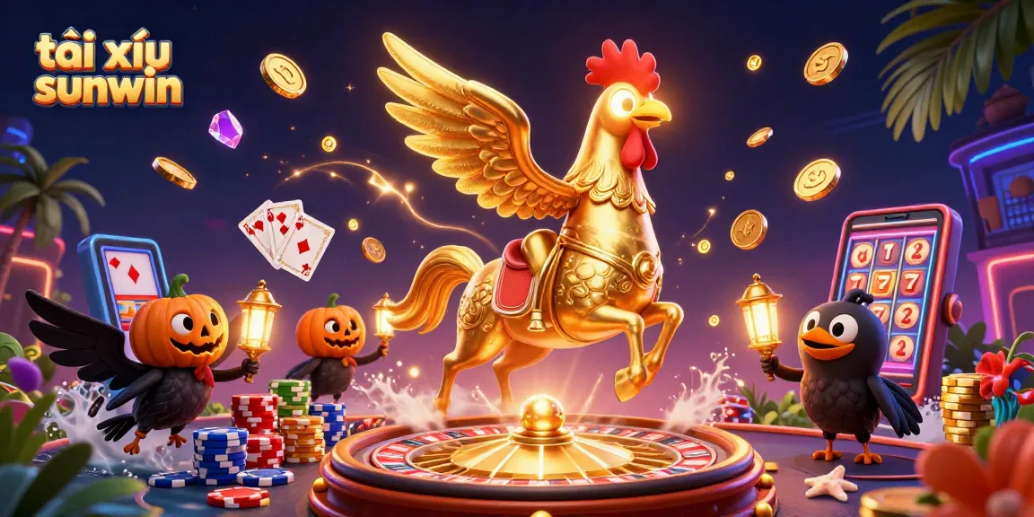 Experience the thrill of tài xỉu sunwin in this vibrant casino scene with golden rooster and spectral horse.