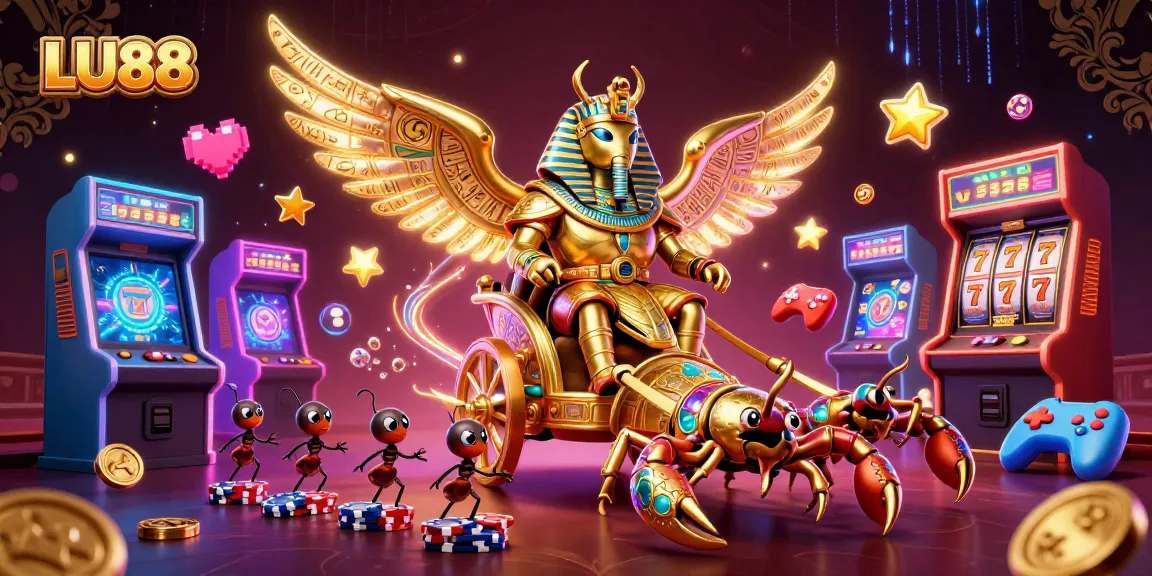 Experience dynamic gaming with LU88's golden scarab beetle and vibrant casino elements.