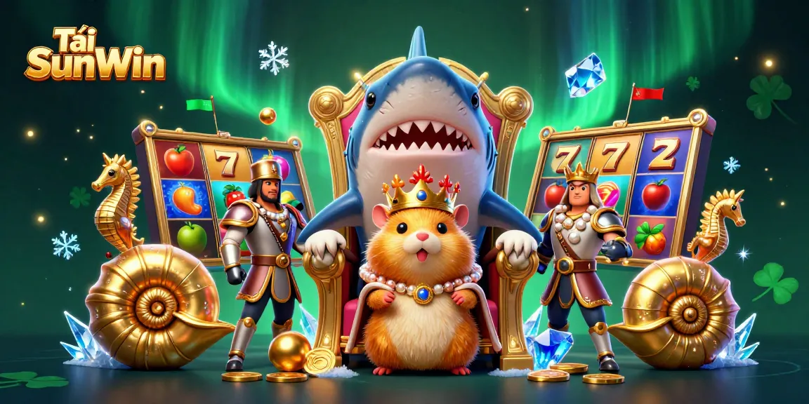 Tải SunWin with fierce golden hamster king in a dynamic casino scene with slot machines and jackpot elements.