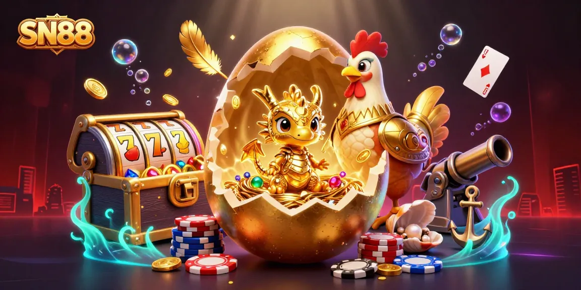 Play slots at SN88 to win real prizes with golden dragon and poker chip elements.