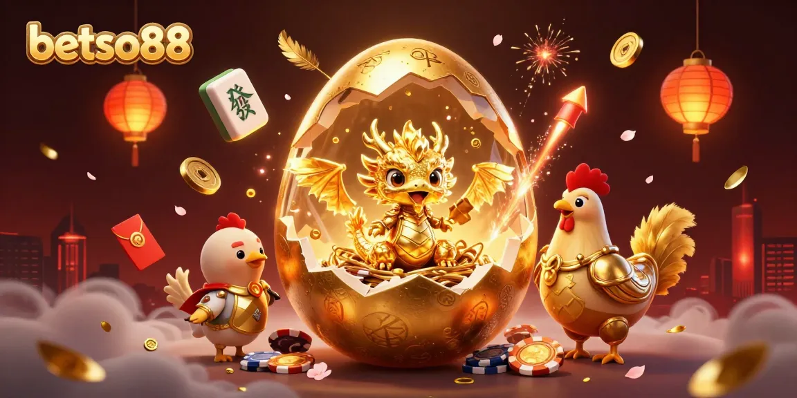 betso88 showcases a golden baby dragon on poker chips in this vibrant casino-themed illustration.