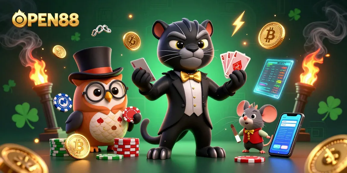 Experience OPEN88's thrilling casino action with stylish characters and vibrant crypto elements.